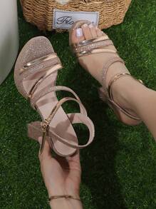 Women Platform High Heel Sandals, Fashionable Sexy Strap, Chunky Heel, Summer - Champagne - View 2