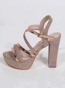Women Platform High Heel Sandals, Fashionable Sexy Strap, Chunky Heel, Summer - Champagne - View 3