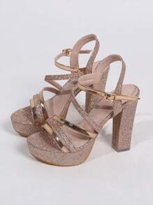 Women Platform High Heel Sandals, Fashionable Sexy Strap, Chunky Heel, Summer - Champagne - View 5