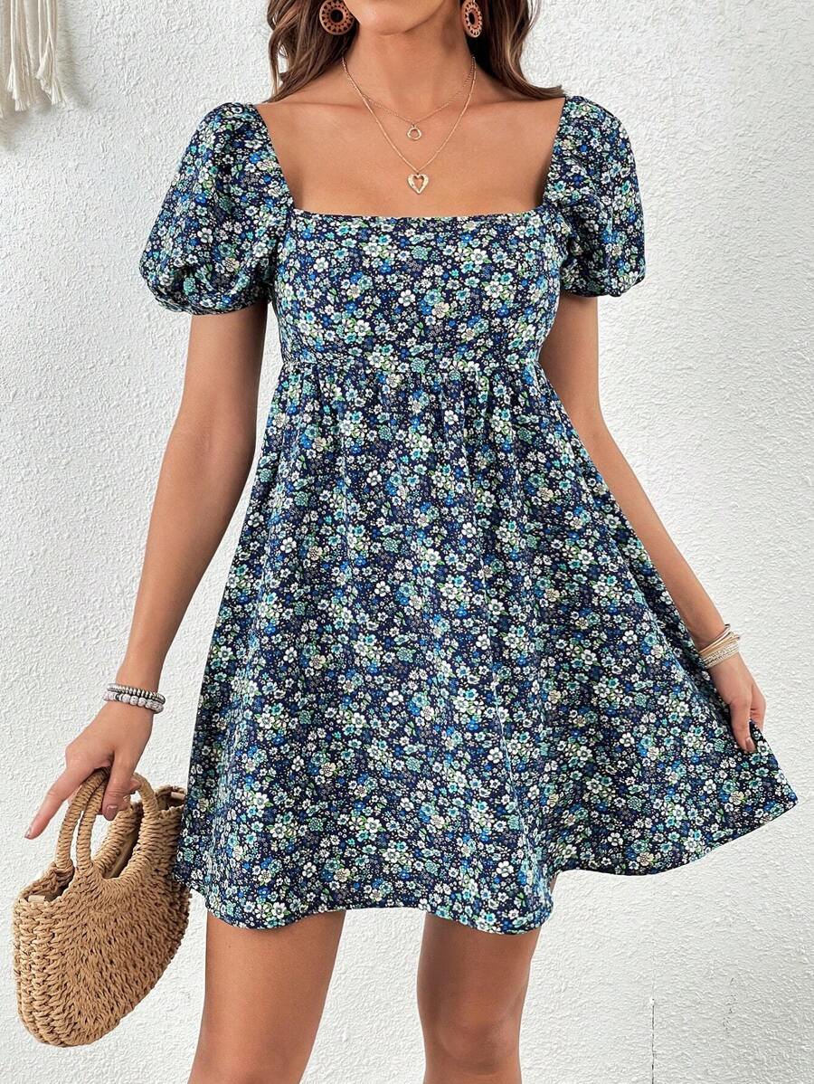 Soleia Ditsy Floral Print Square Neck Puff Sleeve Dress - Navy Blue - View 1
