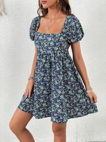 Soleia Ditsy Floral Print Square Neck Puff Sleeve Dress - Navy Blue - View 4