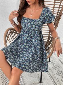 Soleia Ditsy Floral Print Square Neck Puff Sleeve Dress - Navy Blue - View 5