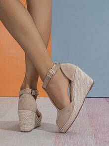 2025春夏女士时尚新款草编绑带坡跟厚底露趾凉鞋 - 杏色 - 查看 2