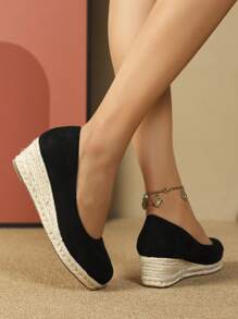 女士極簡編織宮廷度假戶外仿麂皮坡跟鞋 - 黑色 - 查看 2