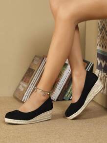 女士極簡編織宮廷度假戶外仿麂皮坡跟鞋 - 黑色 - 查看 4