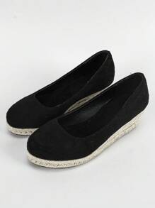 女士極簡編織宮廷度假戶外仿麂皮坡跟鞋 - 黑色 - 查看 6