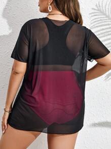 SHEIN Swim Curve 夏季海滩加大码比基尼套装高腰比基尼套装带字母图案罩衫 - 彩色 - 查看 2