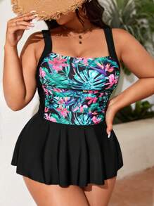 Swim Lushoire Tankini de talla grande con estampado tropical y volantes en el bajo para la playa de verano - Negro - Ver 1