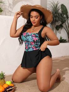 Swim Lushoire Tankini de talla grande con estampado tropical y volantes en el bajo para la playa de verano - Negro - Ver 4