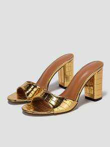 女性金屬質感鱷魚壓紋粗跟穆勒魅力四射夏天高跟涼鞋 - 金色 - 查看 5