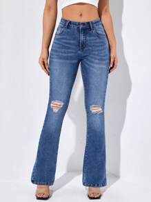 SHEIN Essnce Quần jean nữ Túi Dây kéo Bị tách màu trơn - Rửa trung bình - Xem 1