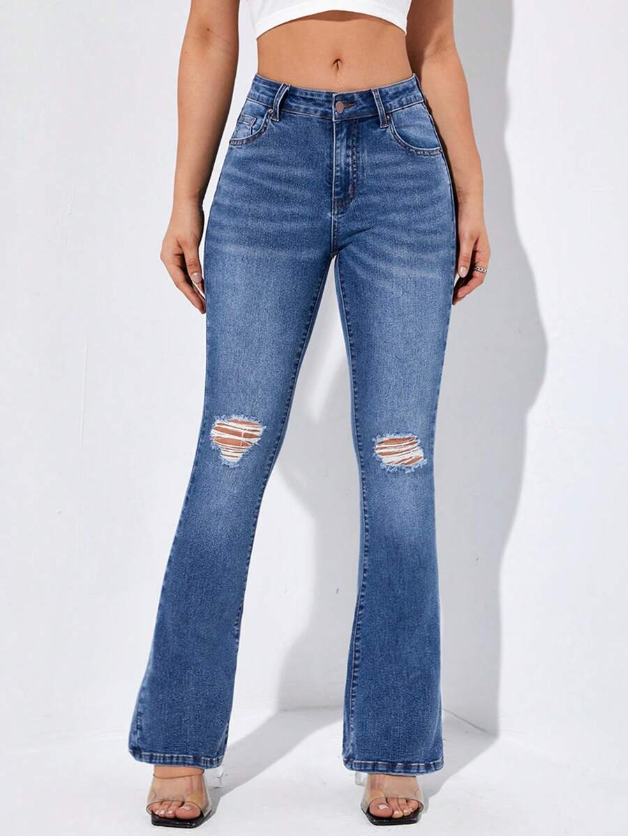 SHEIN Essnce Quần jean nữ Túi Dây kéo Bị tách màu trơn - Rửa trung bình - Xem 1