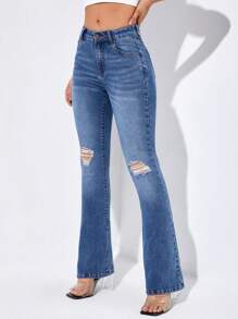 SHEIN Essnce Quần jean nữ Túi Dây kéo Bị tách màu trơn - Rửa trung bình - Xem 3