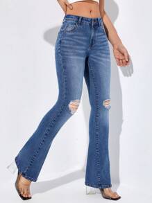 SHEIN Essnce Quần jean nữ Túi Dây kéo Bị tách màu trơn - Rửa trung bình - Xem 4