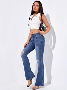 SHEIN Essnce Quần jean nữ Túi Dây kéo Bị tách màu trơn - Rửa trung bình - Xem 5