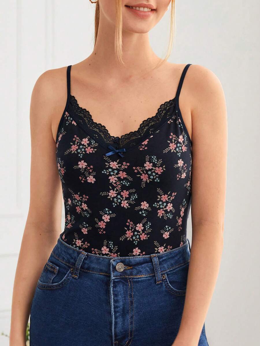 Cottnline Floral Print Lace Trim Cami Top - Navy Blue - View 1