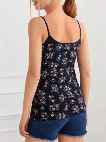 Cottnline Floral Print Lace Trim Cami Top - Navy Blue - View 2