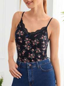 Cottnline Floral Print Lace Trim Cami Top - Navy Blue - View 3