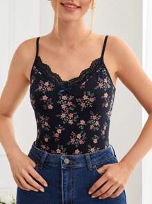 Cottnline Floral Print Lace Trim Cami Top - Navy Blue - View 5