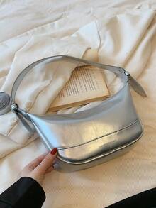 Metallic Hobo Bag Silver Funky With Zipper - Silver - View 3