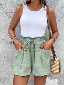 SHEIN VCAY 紙袋腰闊腿短 - 薄荷綠 - 查看 4