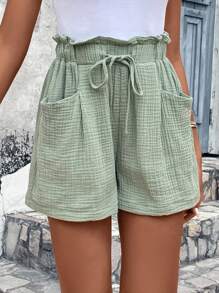 SHEIN VCAY 紙袋腰闊腿短 - 薄荷綠 - 查看 5