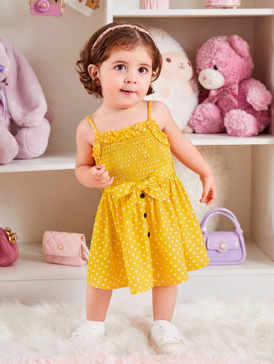SHEIN 嬰兒波點圖案褶邊吊帶洋裝 - 黃色 - 查看 1