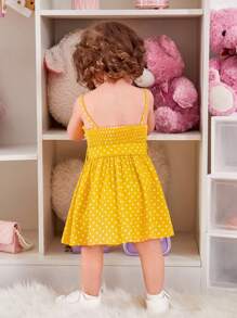 SHEIN 嬰兒波點圖案褶邊吊帶洋裝 - 黃色 - 查看 2