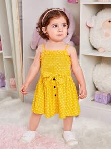 SHEIN 嬰兒波點圖案褶邊吊帶洋裝 - 黃色 - 查看 3