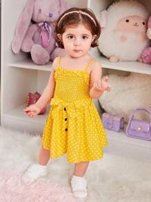 SHEIN 嬰兒波點圖案褶邊吊帶洋裝 - 黃色 - 查看 4