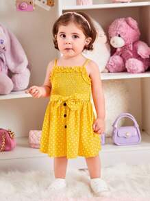 SHEIN 嬰兒波點圖案褶邊吊帶洋裝 - 黃色 - 查看 5