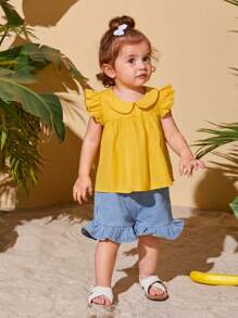SHEIN Baby Button Back Ruffle Hem Blouse - Yellow - View 3