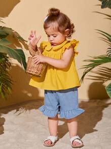 SHEIN Baby Button Back Ruffle Hem Blouse - Yellow - View 6