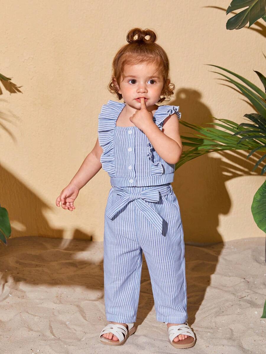 SHEIN Bộ đồ Em bé Thắt lưng Xù Nút phía trước Sọc - Màu xanh nhạt - Xem 1