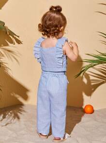 SHEIN Bộ đồ Em bé Thắt lưng Xù Nút phía trước Sọc - Màu xanh nhạt - Xem 2
