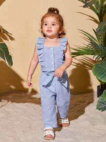 SHEIN Bộ đồ Em bé Thắt lưng Xù Nút phía trước Sọc - Màu xanh nhạt - Xem 3