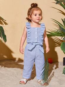 SHEIN Bộ đồ Em bé Thắt lưng Xù Nút phía trước Sọc - Màu xanh nhạt - Xem 4