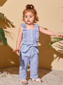 SHEIN Bộ đồ Em bé Thắt lưng Xù Nút phía trước Sọc - Màu xanh nhạt - Xem 5