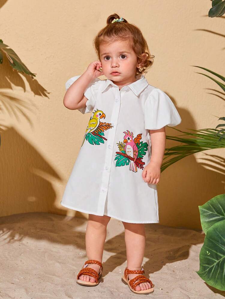 Baby Girl Tropical And Parrot Print Puff Sleeve Shirt Dress