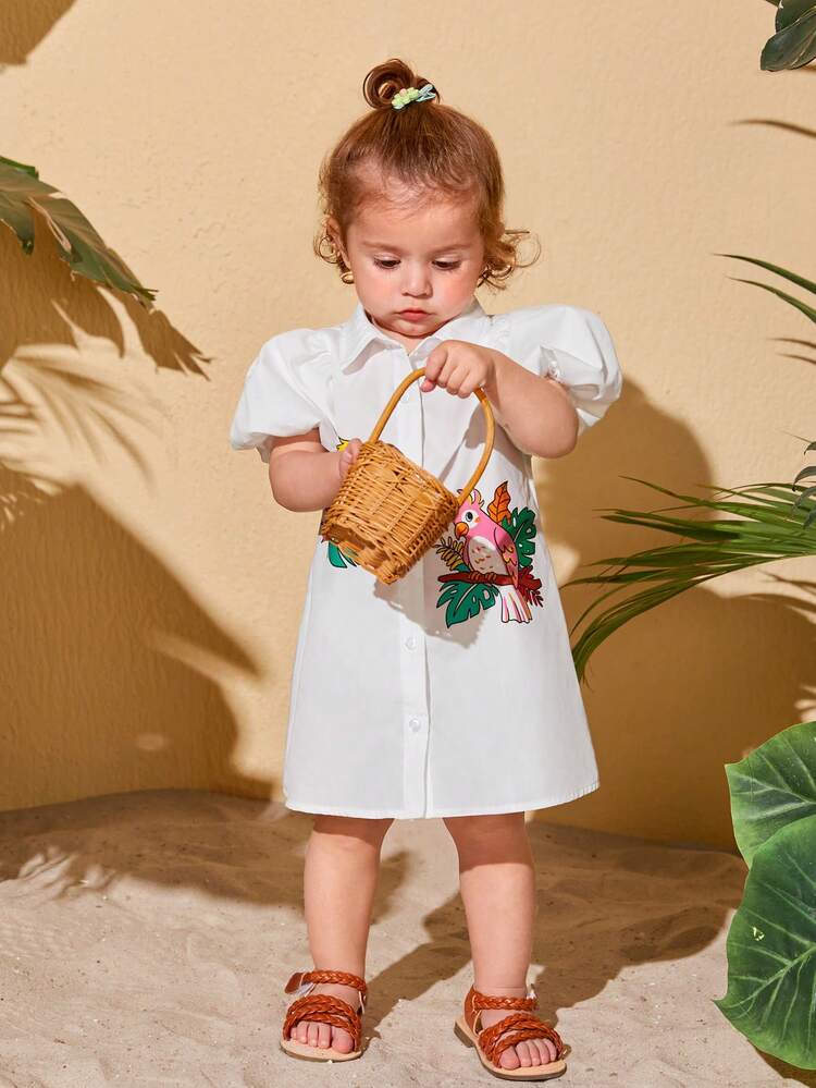 Baby Girl Tropical And Parrot Print Puff Sleeve Shirt Dress