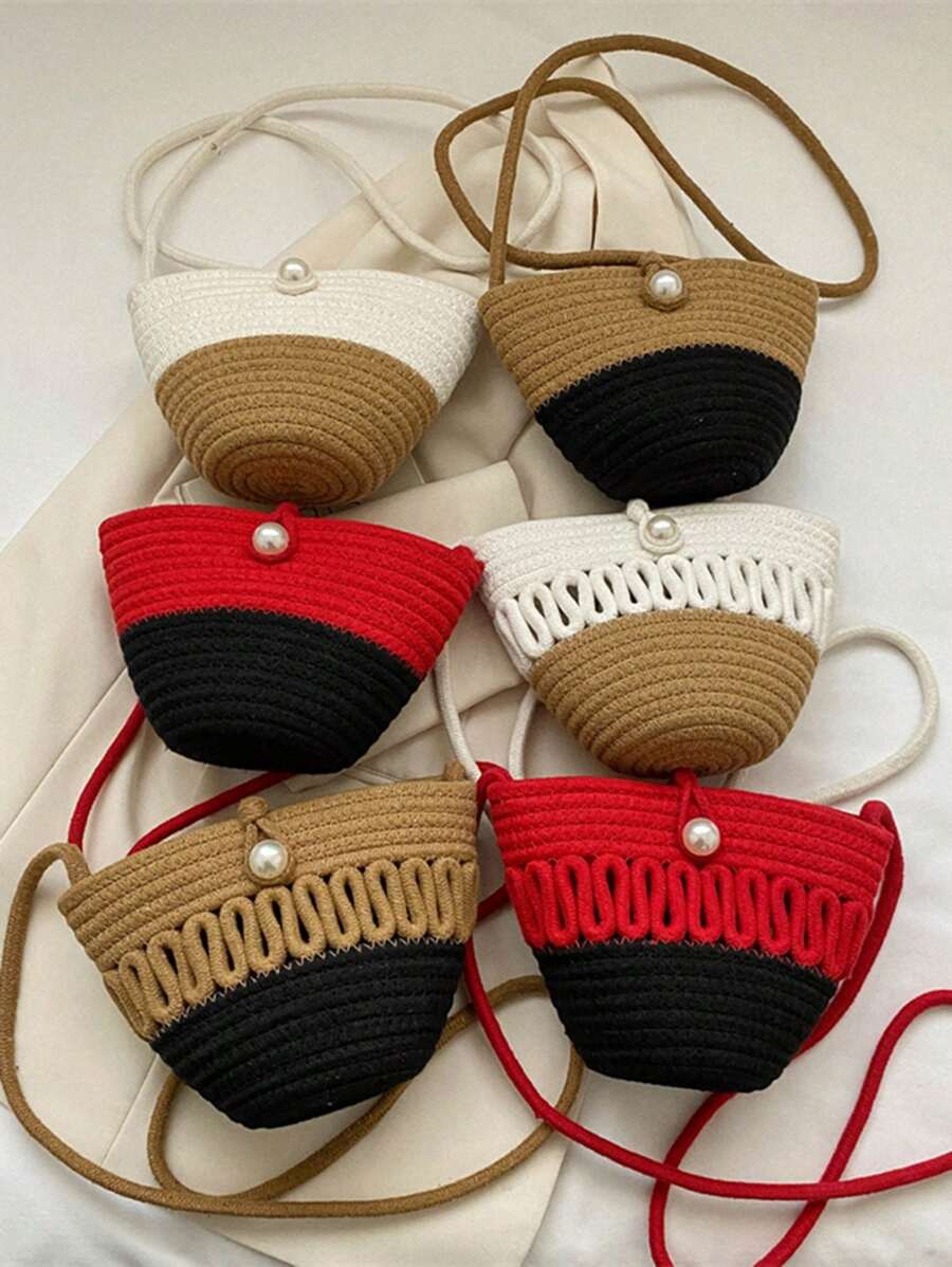 迷你雙色人造珍珠裝飾鉤針編織袋時尚水桶包 - 紅色 - 查看 1