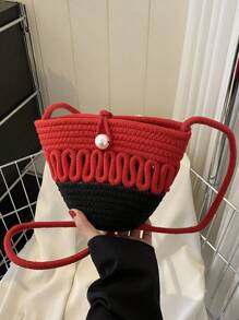 迷你雙色人造珍珠裝飾鉤針編織袋時尚水桶包 - 紅色 - 查看 2