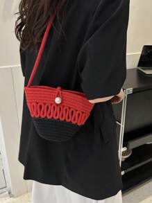 迷你雙色人造珍珠裝飾鉤針編織袋時尚水桶包 - 紅色 - 查看 3