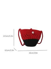 迷你雙色人造珍珠裝飾鉤針編織袋時尚水桶包 - 紅色 - 查看 4