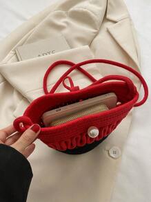 迷你雙色人造珍珠裝飾鉤針編織袋時尚水桶包 - 紅色 - 查看 8