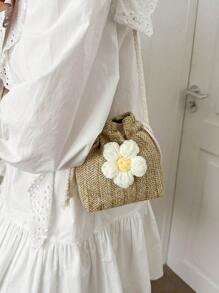 迷你花朵裝飾抽繩設計草編包適用於度假 - 卡其色 - 查看 2