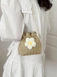迷你花朵裝飾抽繩設計草編包適用於度假 - 卡其色 - 查看 4