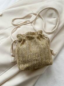 迷你花朵裝飾抽繩設計草編包適用於度假 - 卡其色 - 查看 5