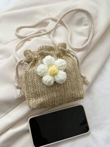 迷你花朵裝飾抽繩設計草編包適用於度假 - 卡其色 - 查看 6