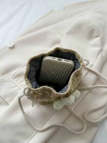 迷你花朵裝飾抽繩設計草編包適用於度假 - 卡其色 - 查看 7